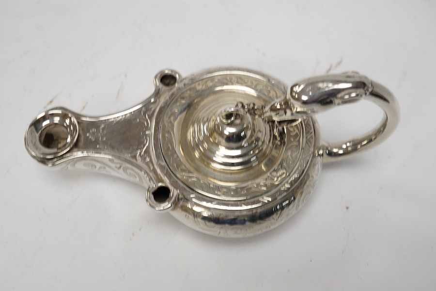 A Victorian silver combination inkwell and table lighter modelled as a lamp, by James Charles Edington, with glass well, no wick, London, 1852, 13.1cm. Condition - fair